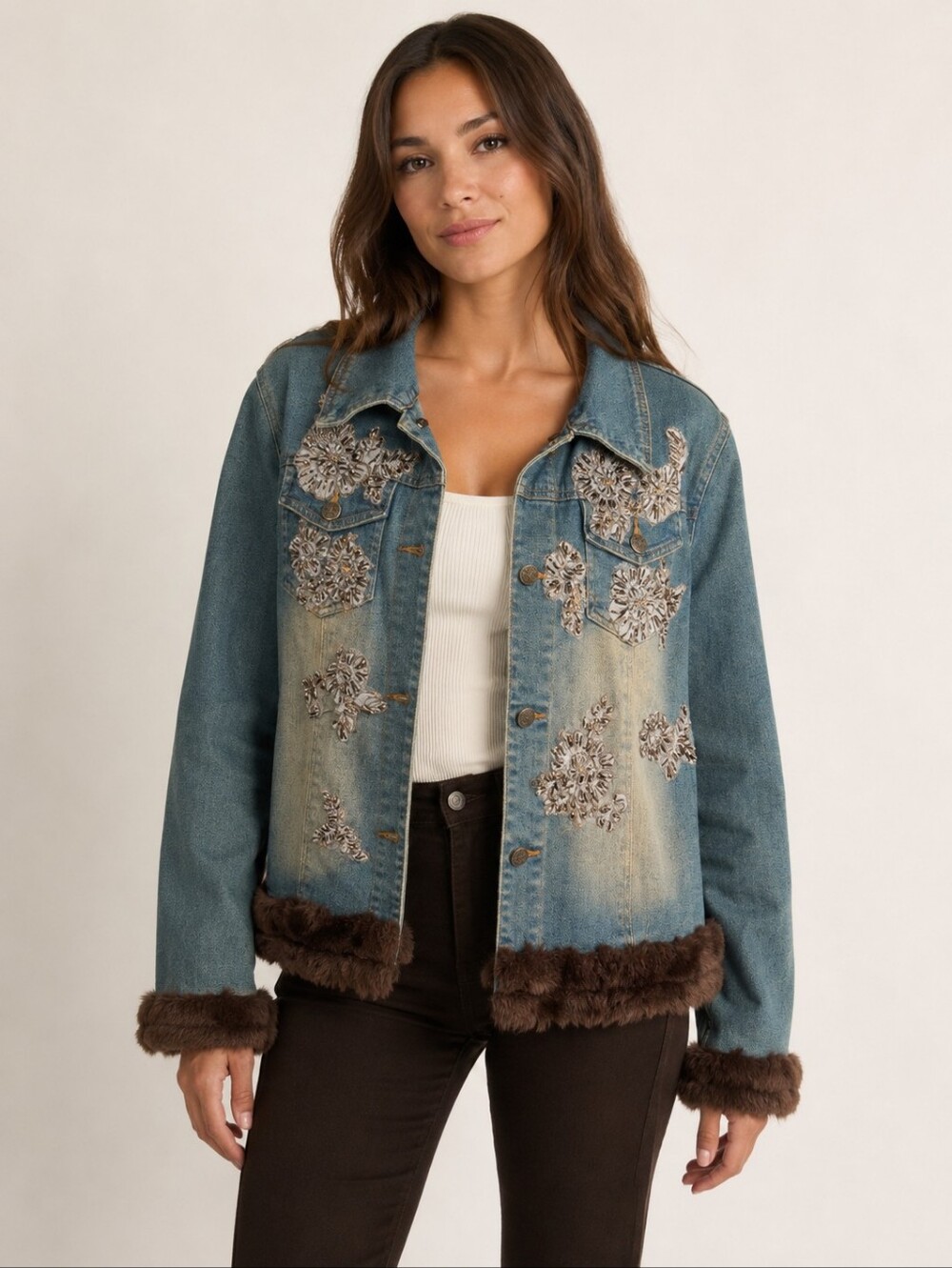 Spiegel Embellished Faux Fur Trim Denim Jacket Size XL